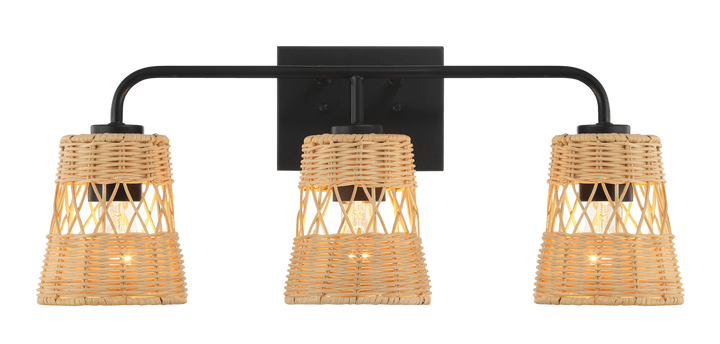 Moonlit Three Lights Wall Sconce With Rattan Shade, Bathroom Lighting Fixtures Over Mirror.