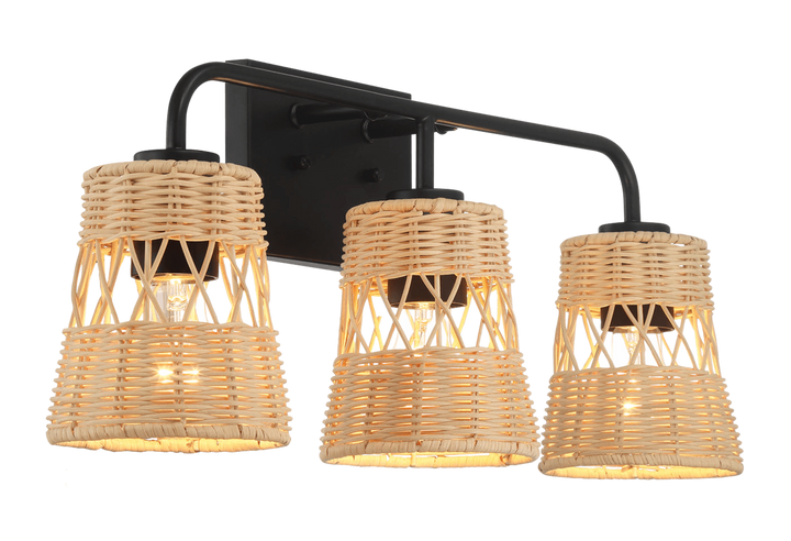 Moonlit Three Lights Wall Sconce With Rattan Shade, Bathroom Lighting Fixtures Over Mirror.