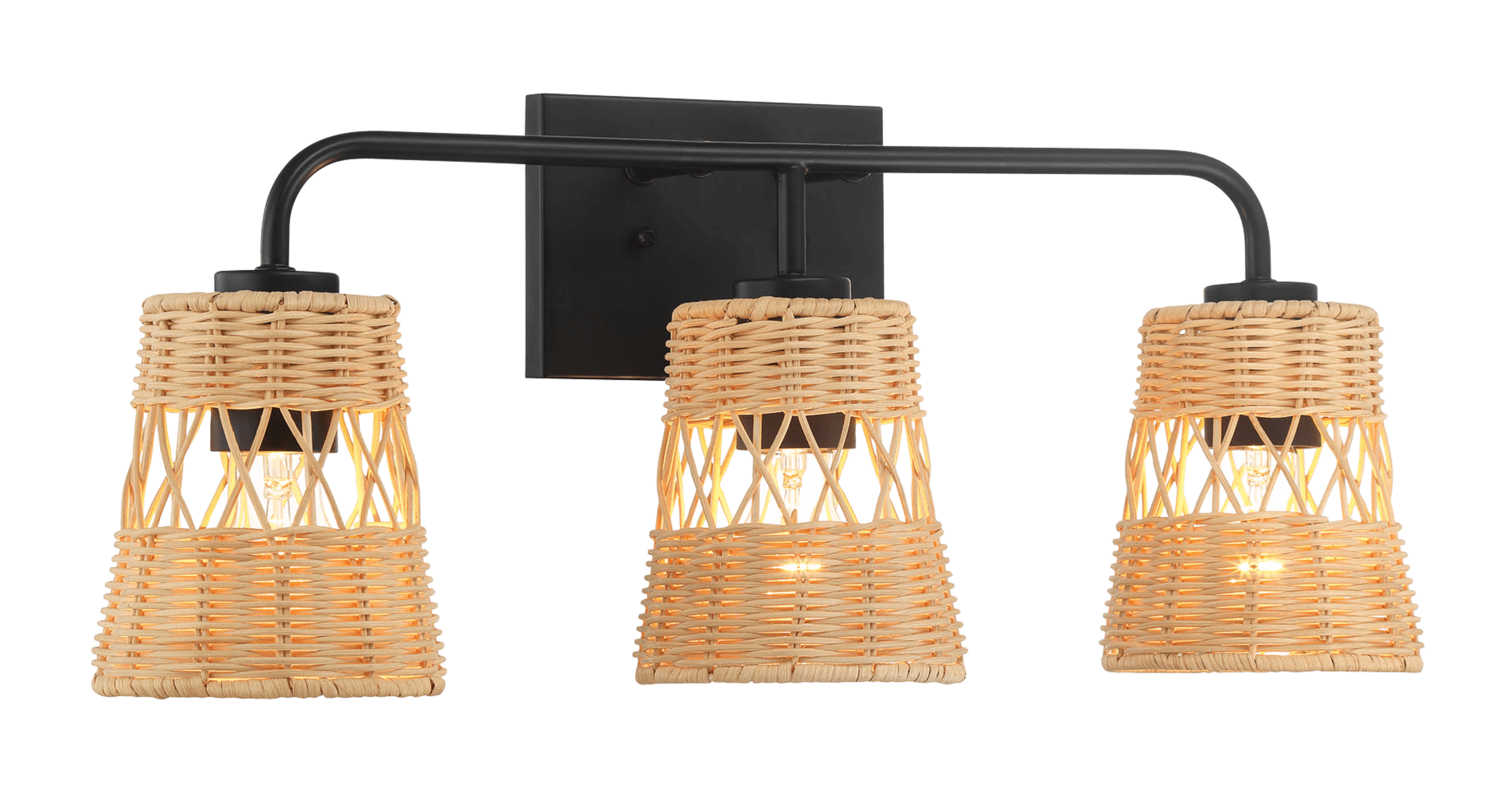 Moonlit Three Lights Wall Sconce With Rattan Shade, Bathroom Lighting Fixtures Over Mirror.