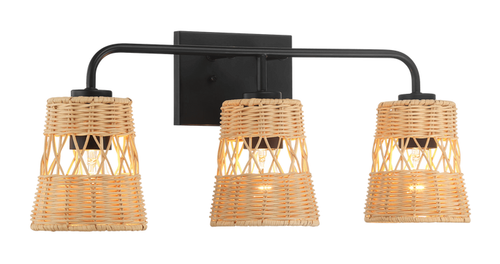 Moonlit Three Lights Wall Sconce With Rattan Shade, Bathroom Lighting Fixtures Over Mirror.