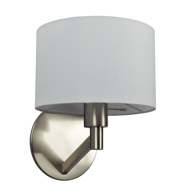 Nebula Brushed Nickel Base Wall Lamp with Rotary Switch White Fabric Shade.