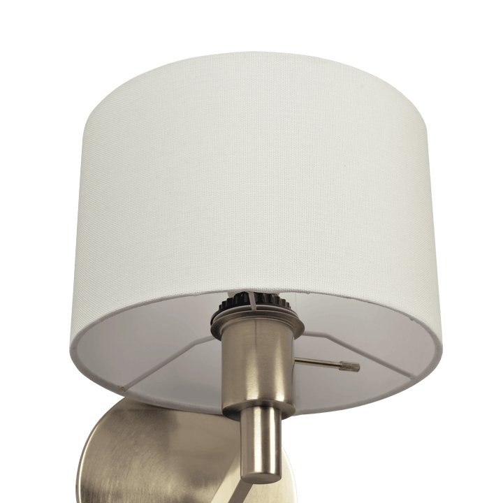 Nebula Brushed Nickel Base Wall Lamp with Rotary Switch White Fabric Shade.