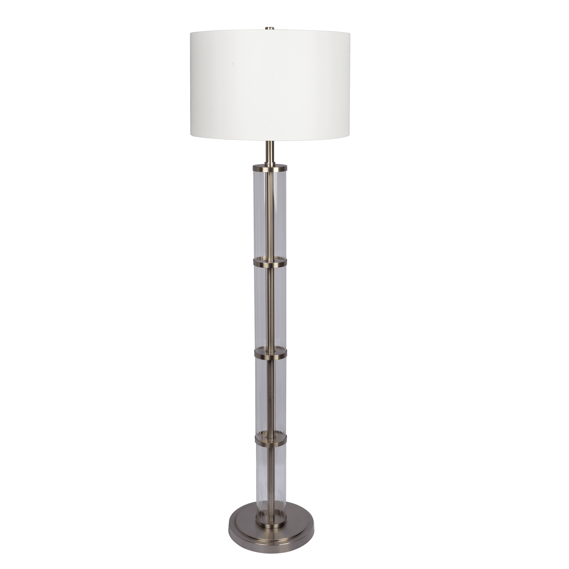 Nimbus Brushed Nickel Floor Lamp with 3-Way Rotary Switch Clear Glass Body  Metal Base.