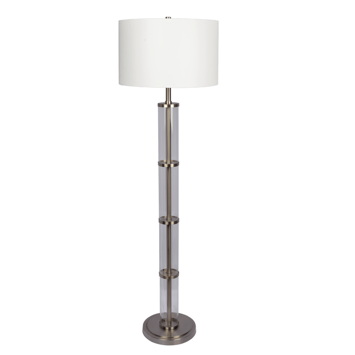 Nimbus Brushed Nickel Floor Lamp with 3-Way Rotary Switch Clear Glass Body  Metal Base.