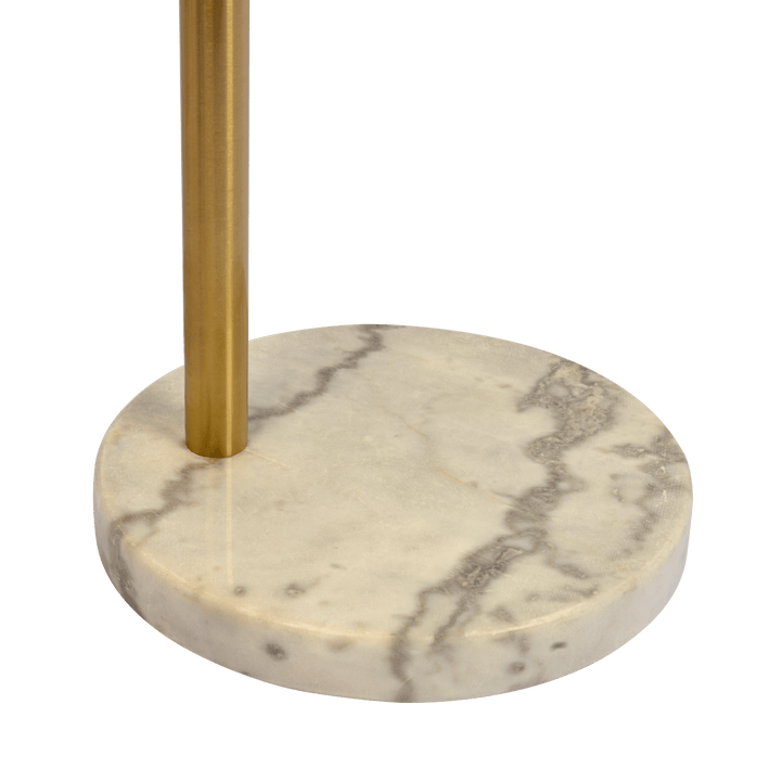 Oasis Long Arm Gold Brass Adjustable Floor Lamp with Round White Marble Base.