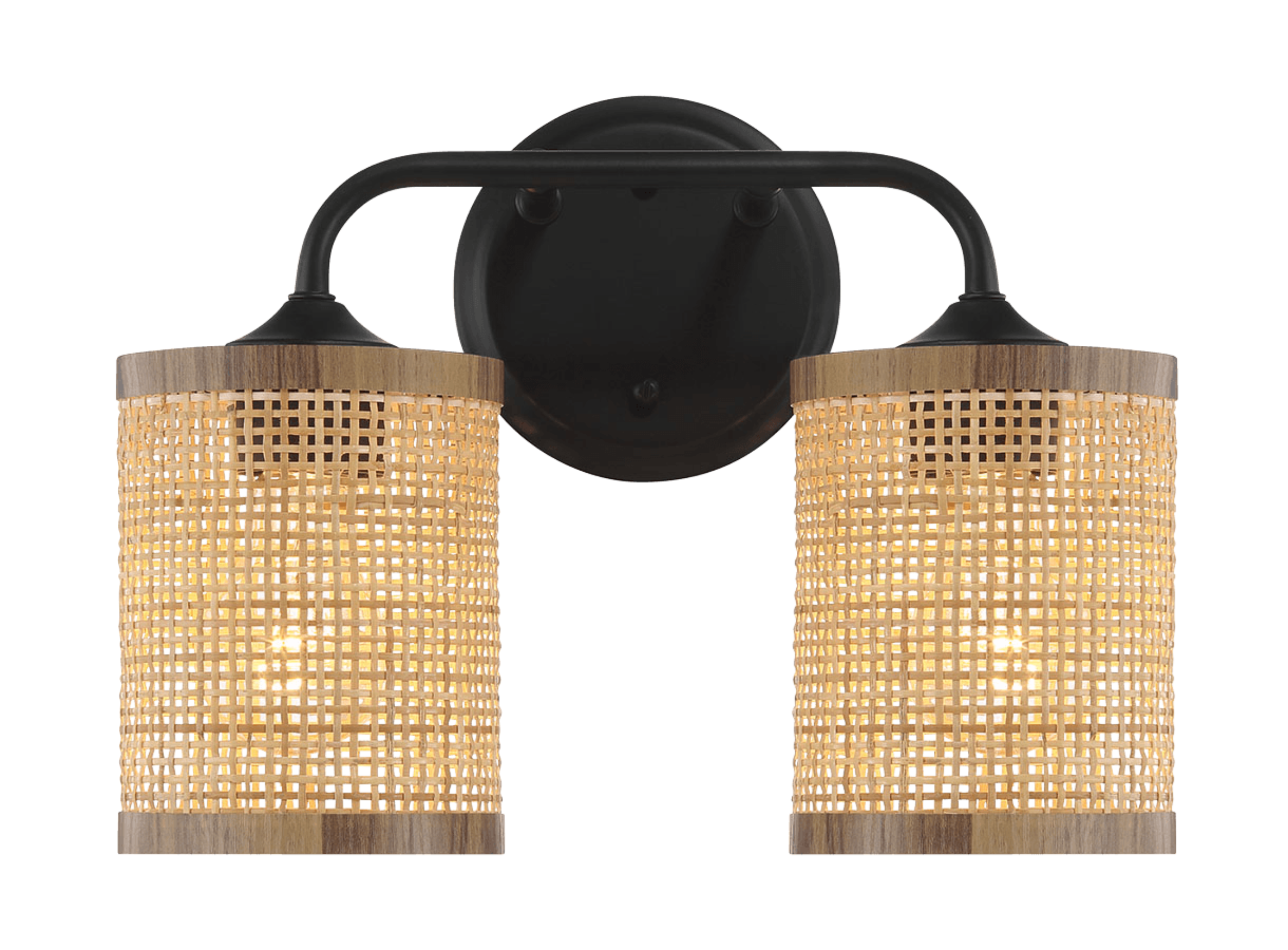 Quell Double Light Vanity With Natural Rattan Shade Wall Lamp.