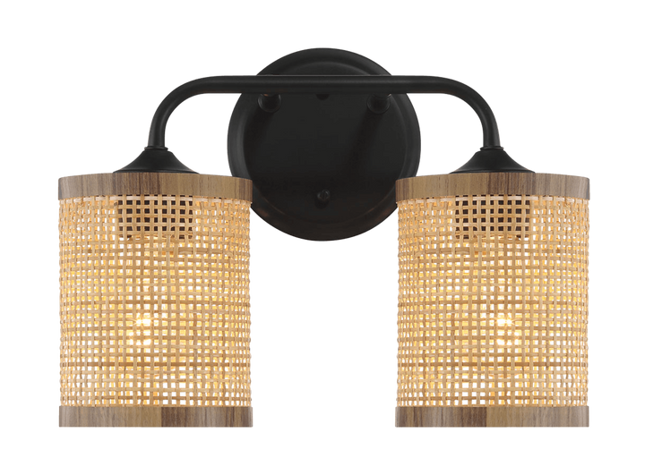 Quell Double Light Vanity With Natural Rattan Shade Wall Lamp.