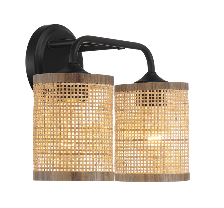 Quell Double Light Vanity With Natural Rattan Shade Wall Lamp.