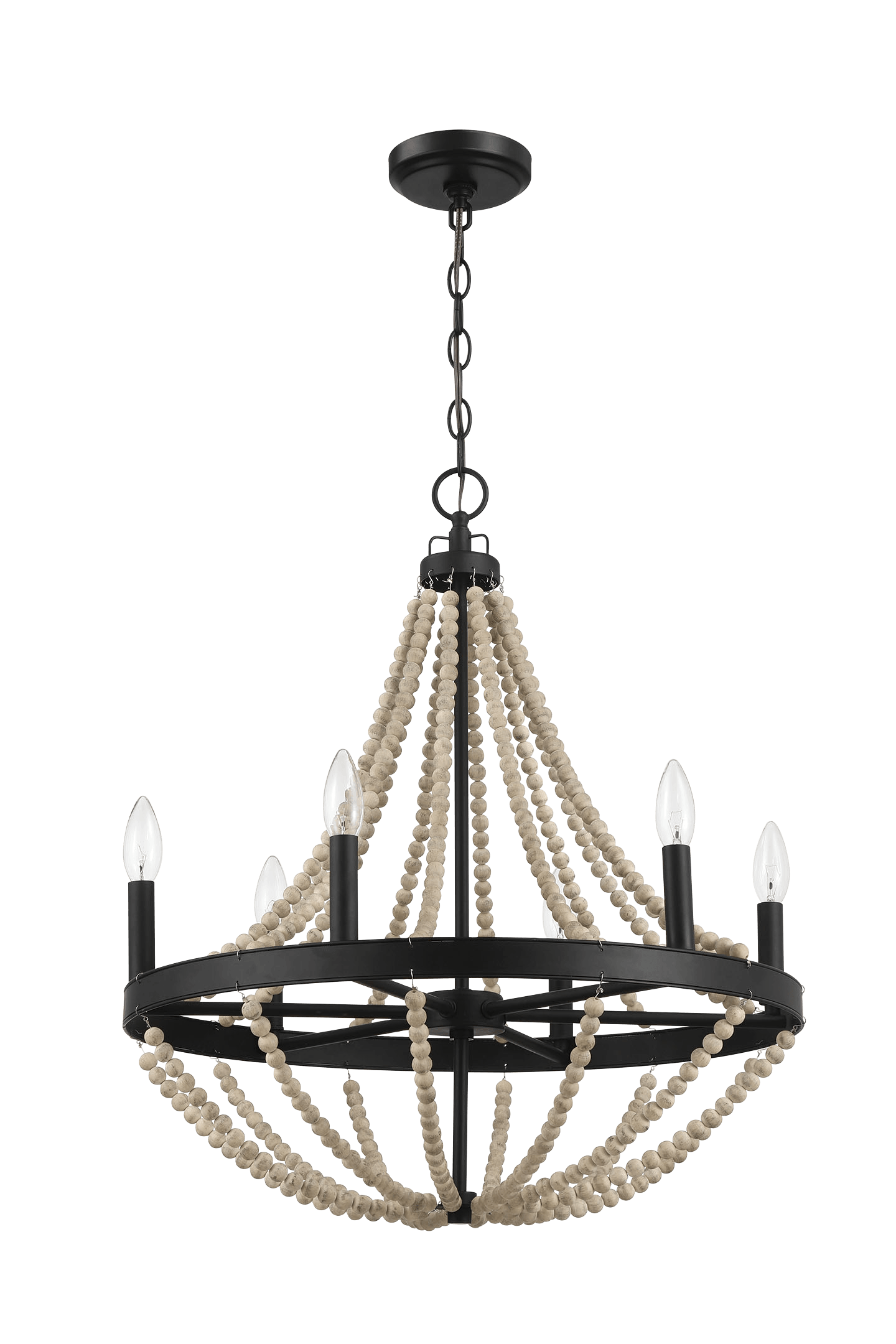 Starry Wood Chandelier Farmhouse Six Candle Light Wood Beaded Black Pendant Light for Dining Room.