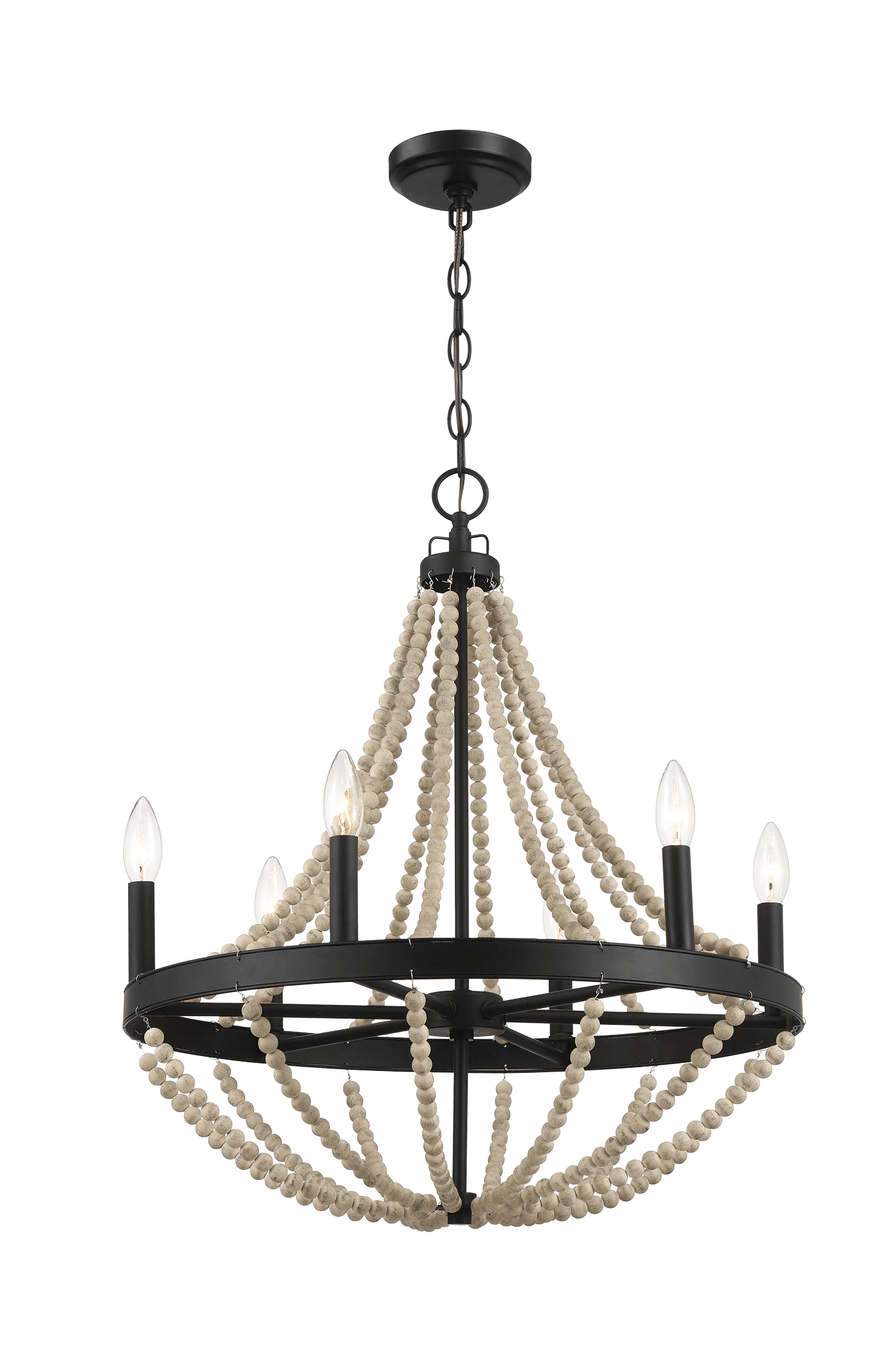 Starry Wood Chandelier Farmhouse Six Candle Light Wood Beaded Black Pendant Light for Dining Room.