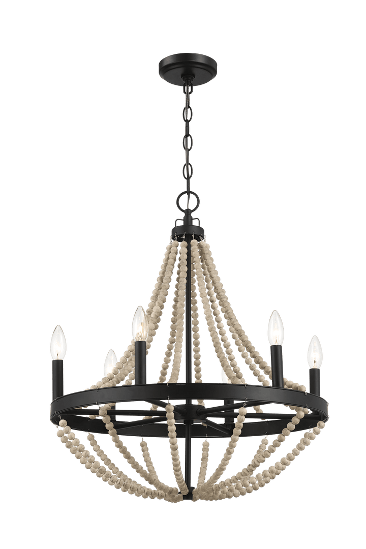 Starry Wood Chandelier Farmhouse Six Candle Light Wood Beaded Black Pendant Light for Dining Room.