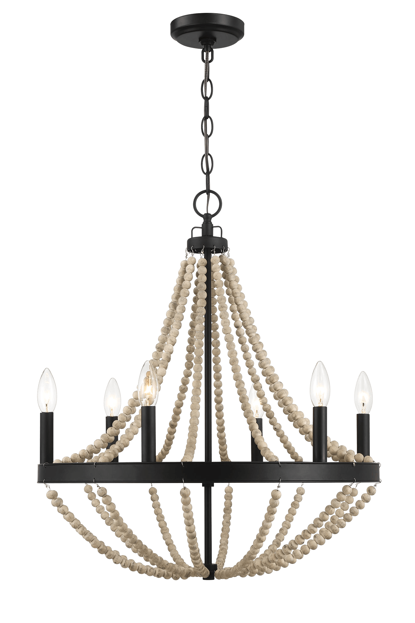 Starry Wood Chandelier Farmhouse Six Candle Light Wood Beaded Black Pendant Light for Dining Room.