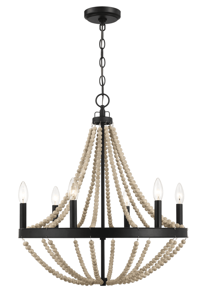 Starry Wood Chandelier Farmhouse Six Candle Light Wood Beaded Black Pendant Light for Dining Room.