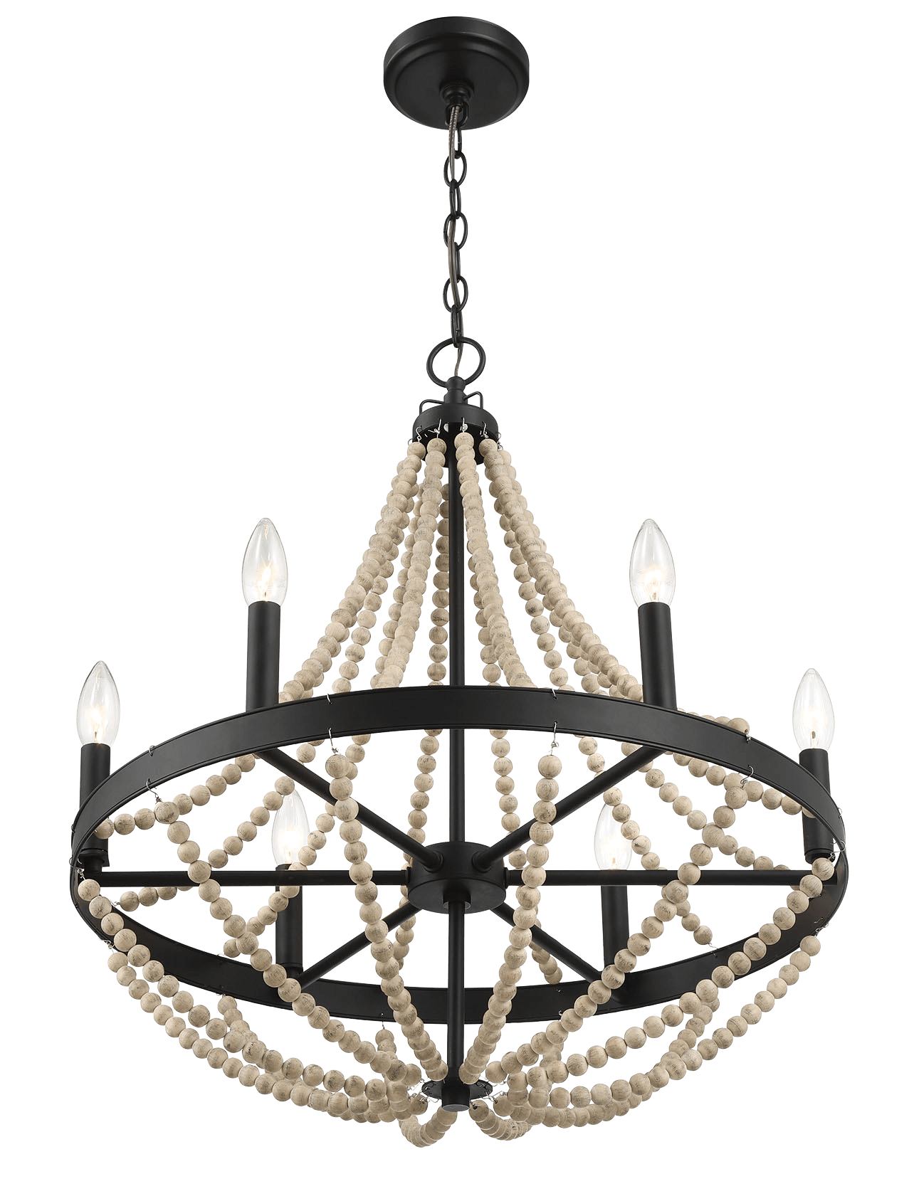 Starry Wood Chandelier Farmhouse Six Candle Light Wood Beaded Black Pendant Light for Dining Room.