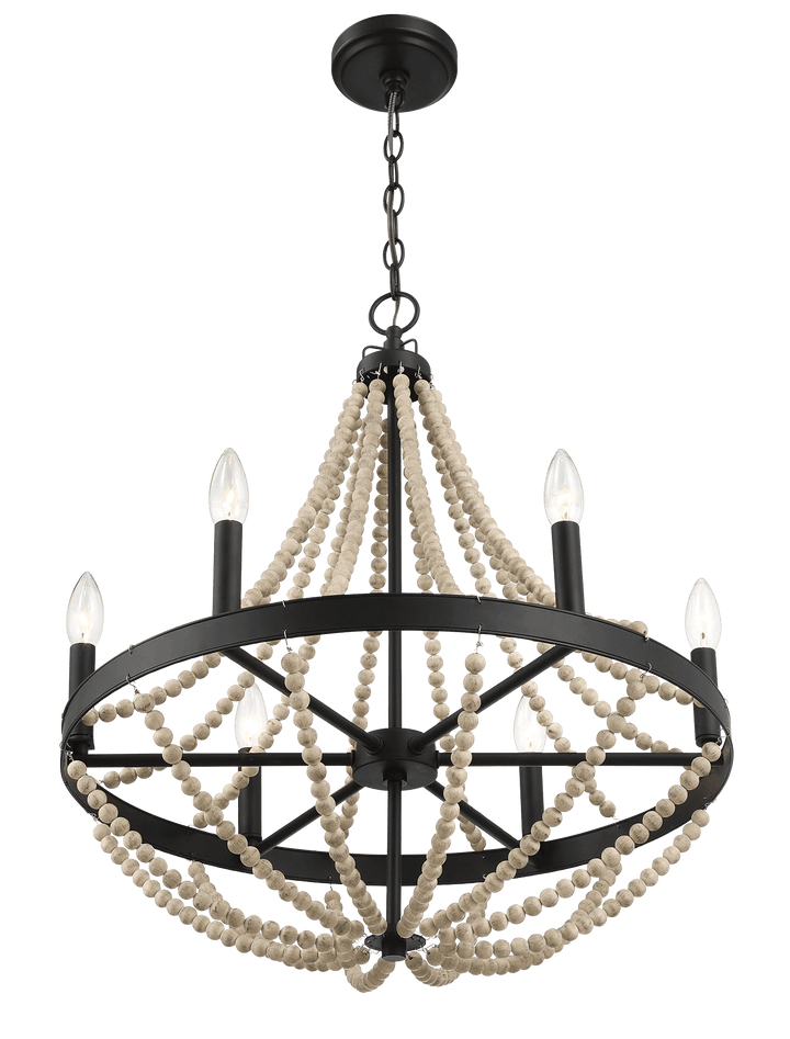 Starry Wood Chandelier Farmhouse Six Candle Light Wood Beaded Black Pendant Light for Dining Room.