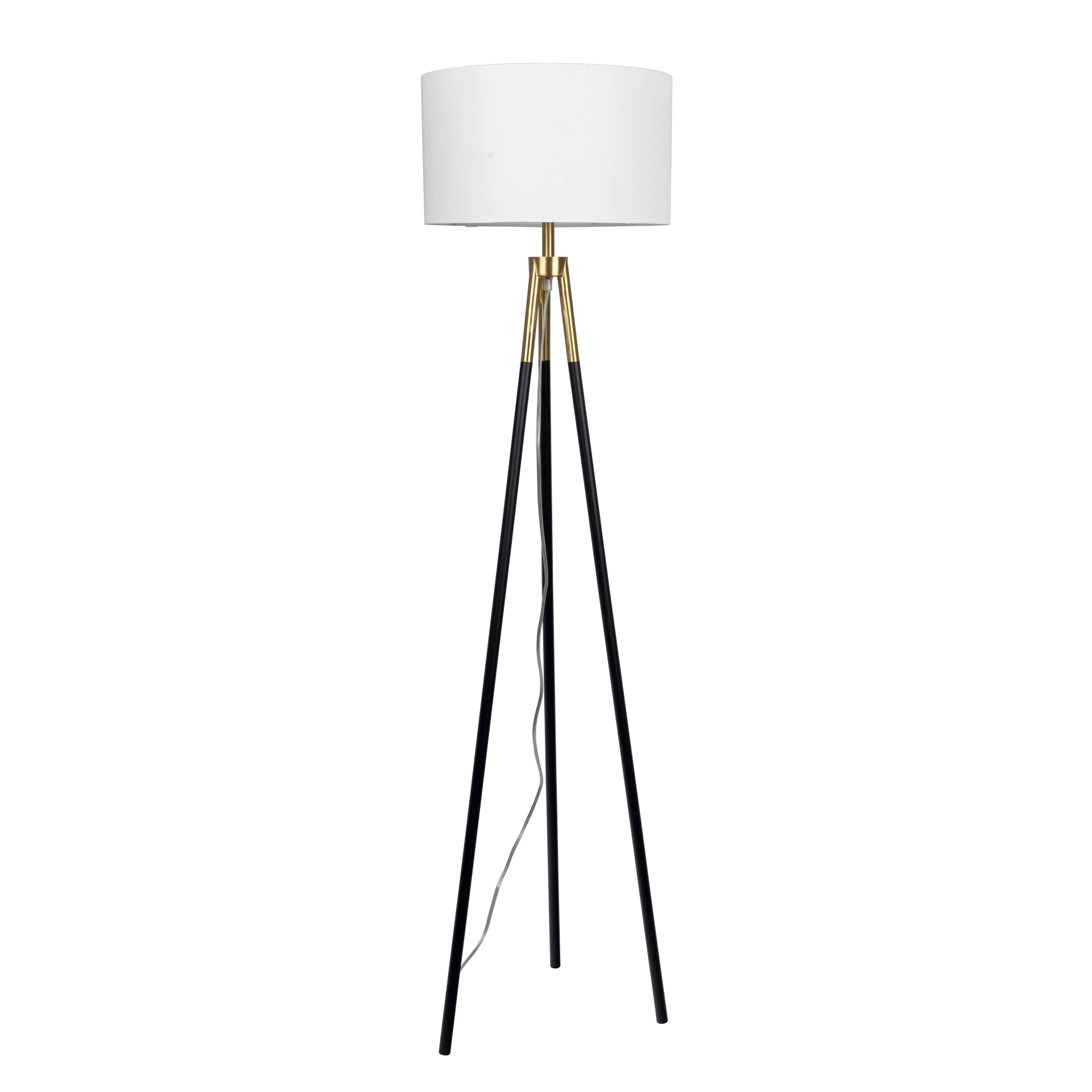 Sway Brassed Gold Floor Lamp with On/Off Switch Triple Legs White Fabric Shade.