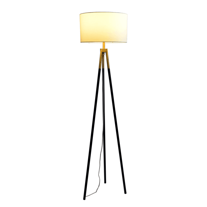 Sway Brassed Gold Floor Lamp with On/Off Switch Triple Legs White Fabric Shade.