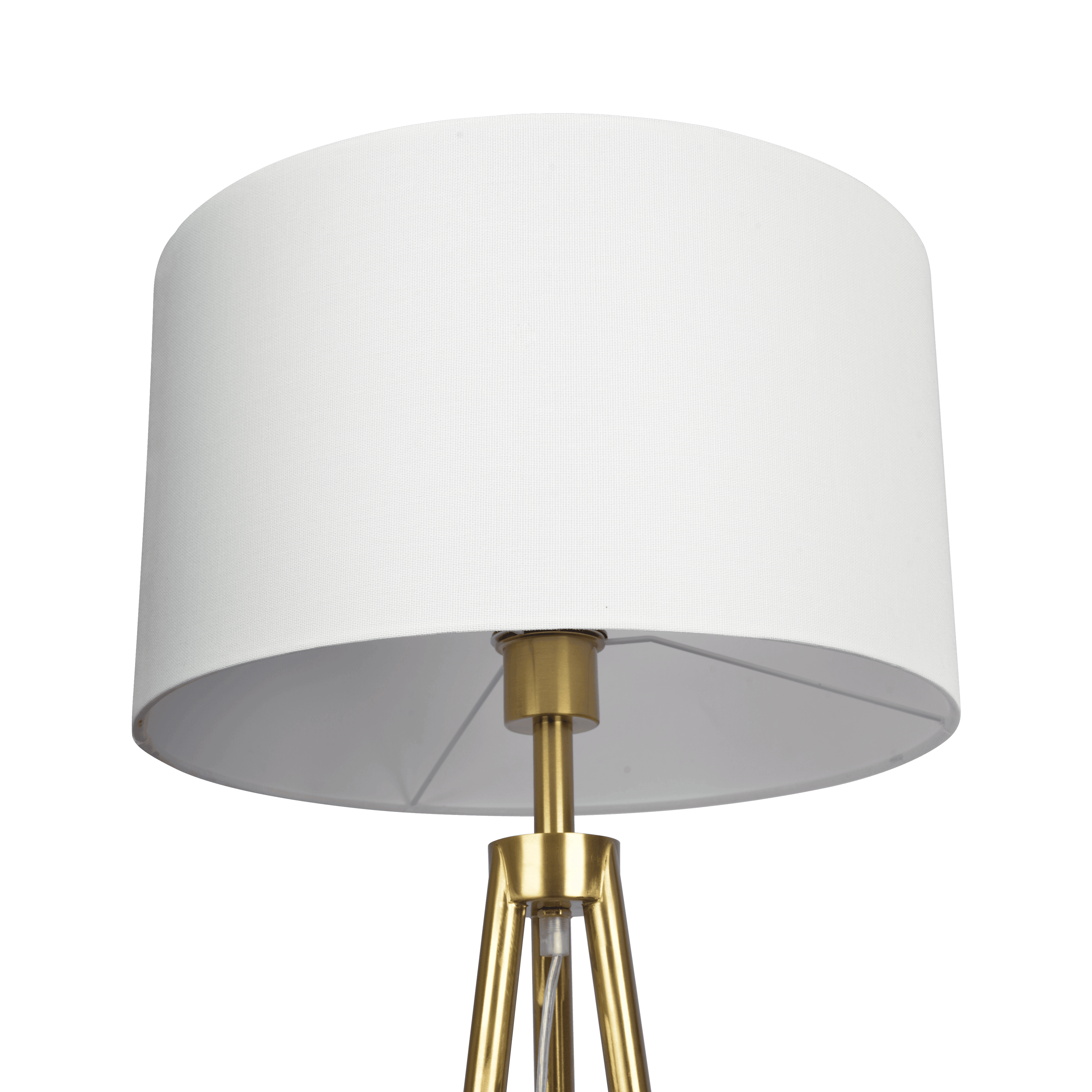 Sway Brassed Gold Floor Lamp with On/Off Switch Triple Legs White Fabric Shade.