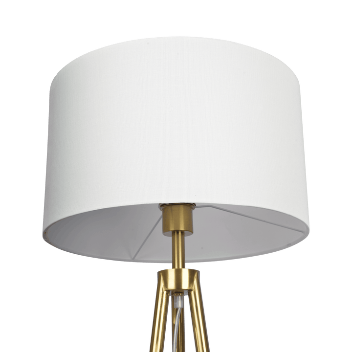 Sway Brassed Gold Floor Lamp with On/Off Switch Triple Legs White Fabric Shade.