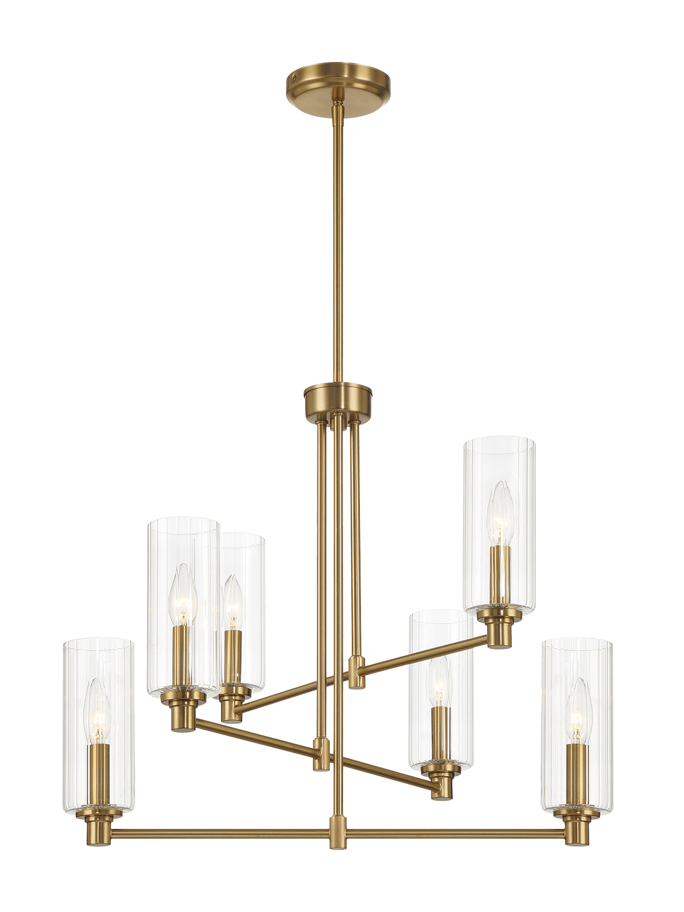 Timeless Six Lights Chandelier With Clear Ribbed Glass - Satin Brass.