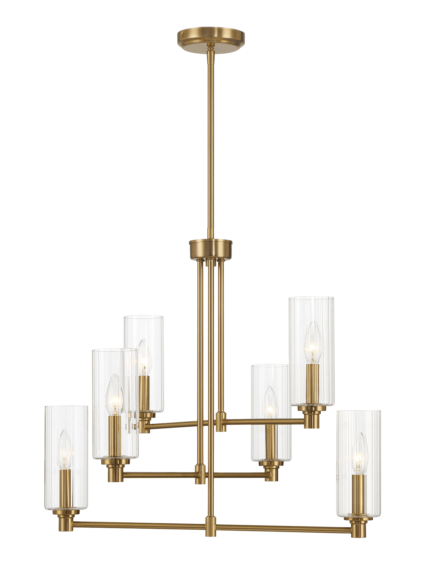 Timeless Six Lights Chandelier With Clear Ribbed Glass - Satin Brass.