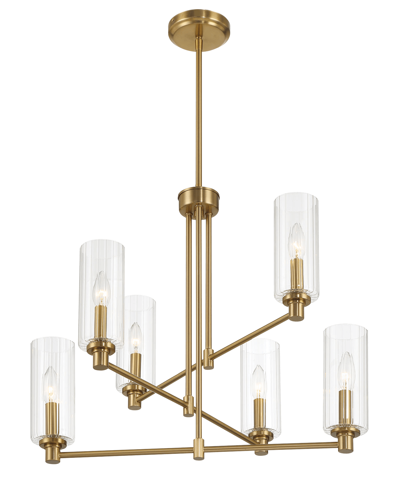 Timeless Six Lights Chandelier With Clear Ribbed Glass - Satin Brass.