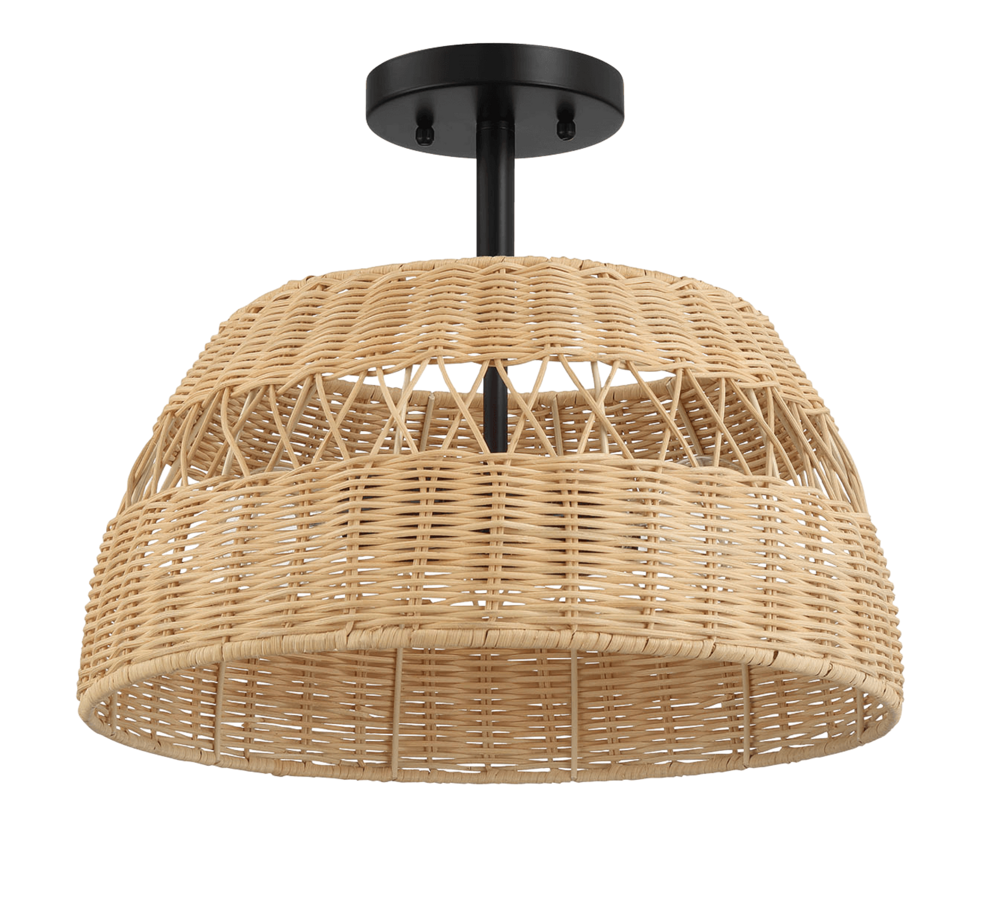 Twinkle Double Lights Semi Flush With Rattan Shade Black Metal Finish for Farmhouse Style.