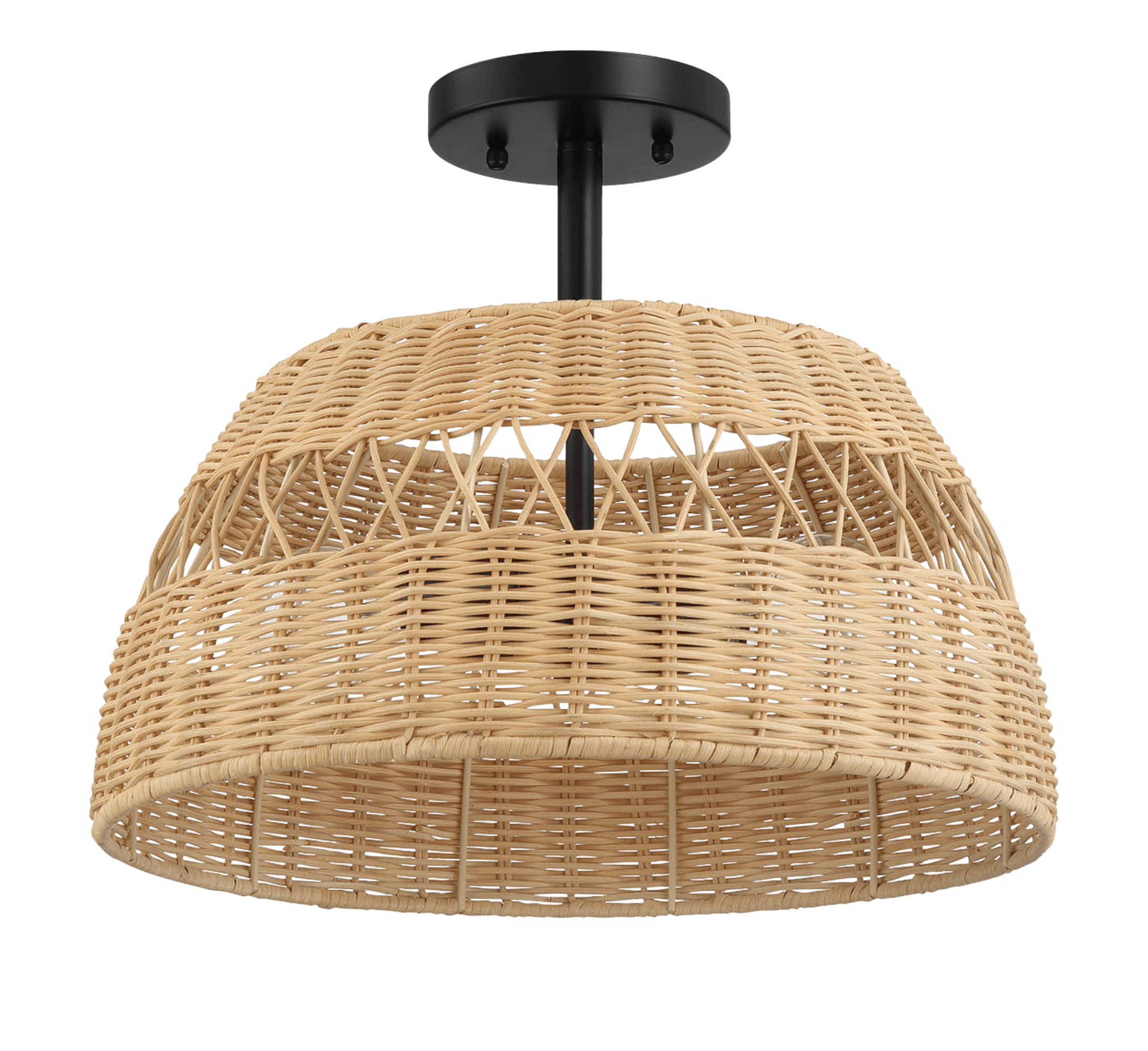 Twinkle Double Lights Semi Flush With Rattan Shade Black Metal Finish for Farmhouse Style.