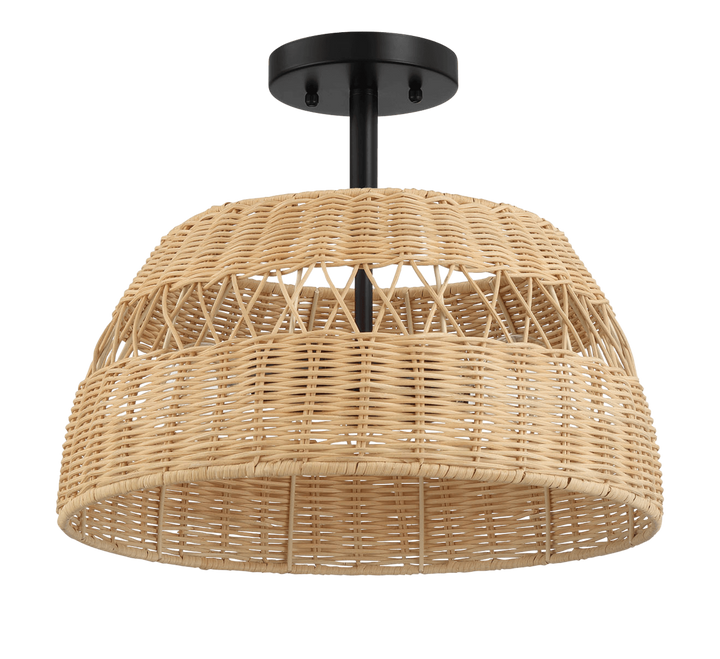 Twinkle Double Lights Semi Flush With Rattan Shade Black Metal Finish for Farmhouse Style.