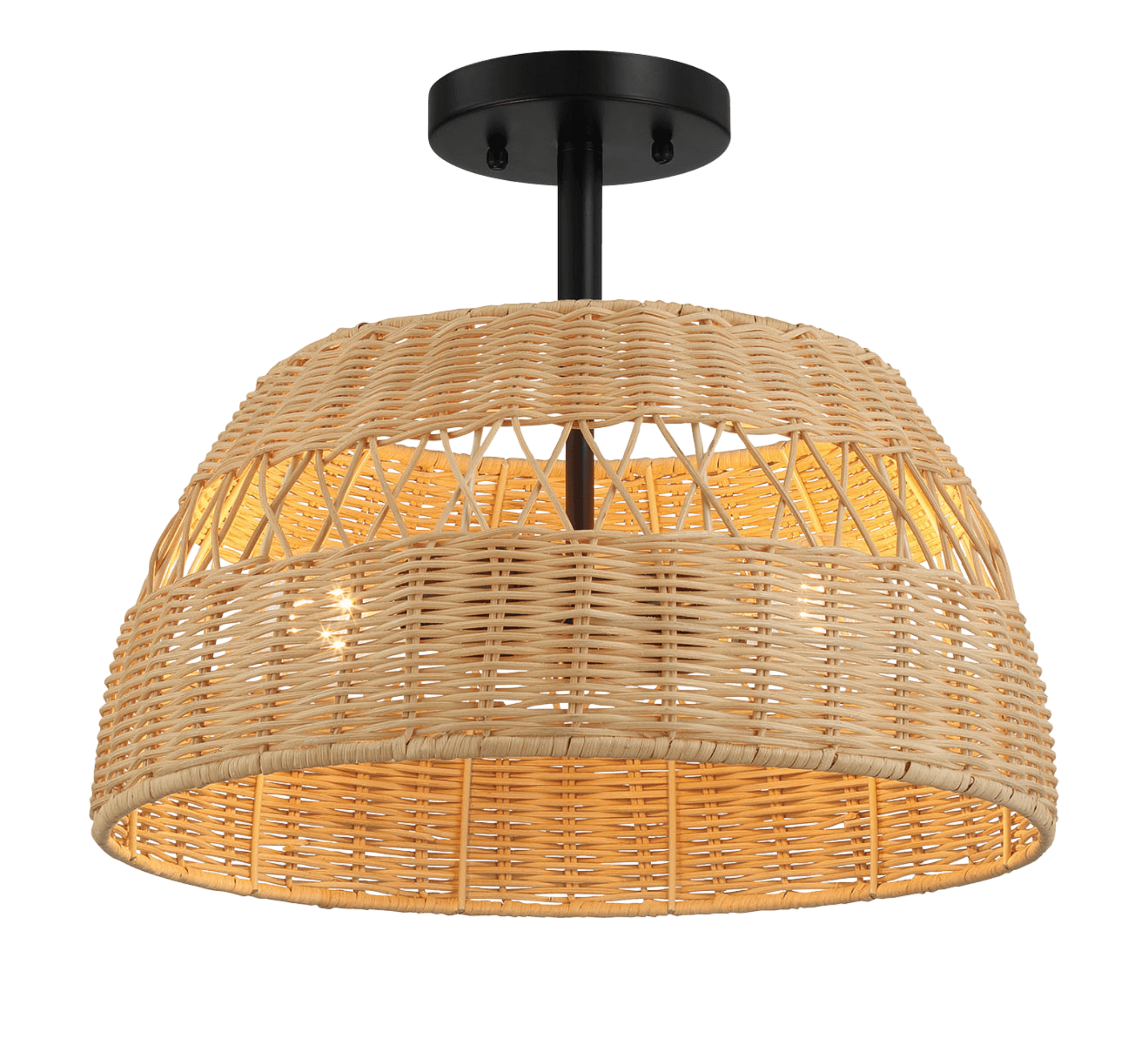 Twinkle Double Lights Semi Flush With Rattan Shade Black Metal Finish for Farmhouse Style.