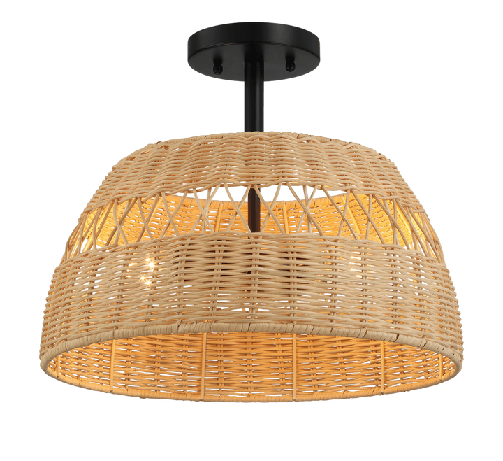 Twinkle Double Lights Semi Flush With Rattan Shade Black Metal Finish for Farmhouse Style.