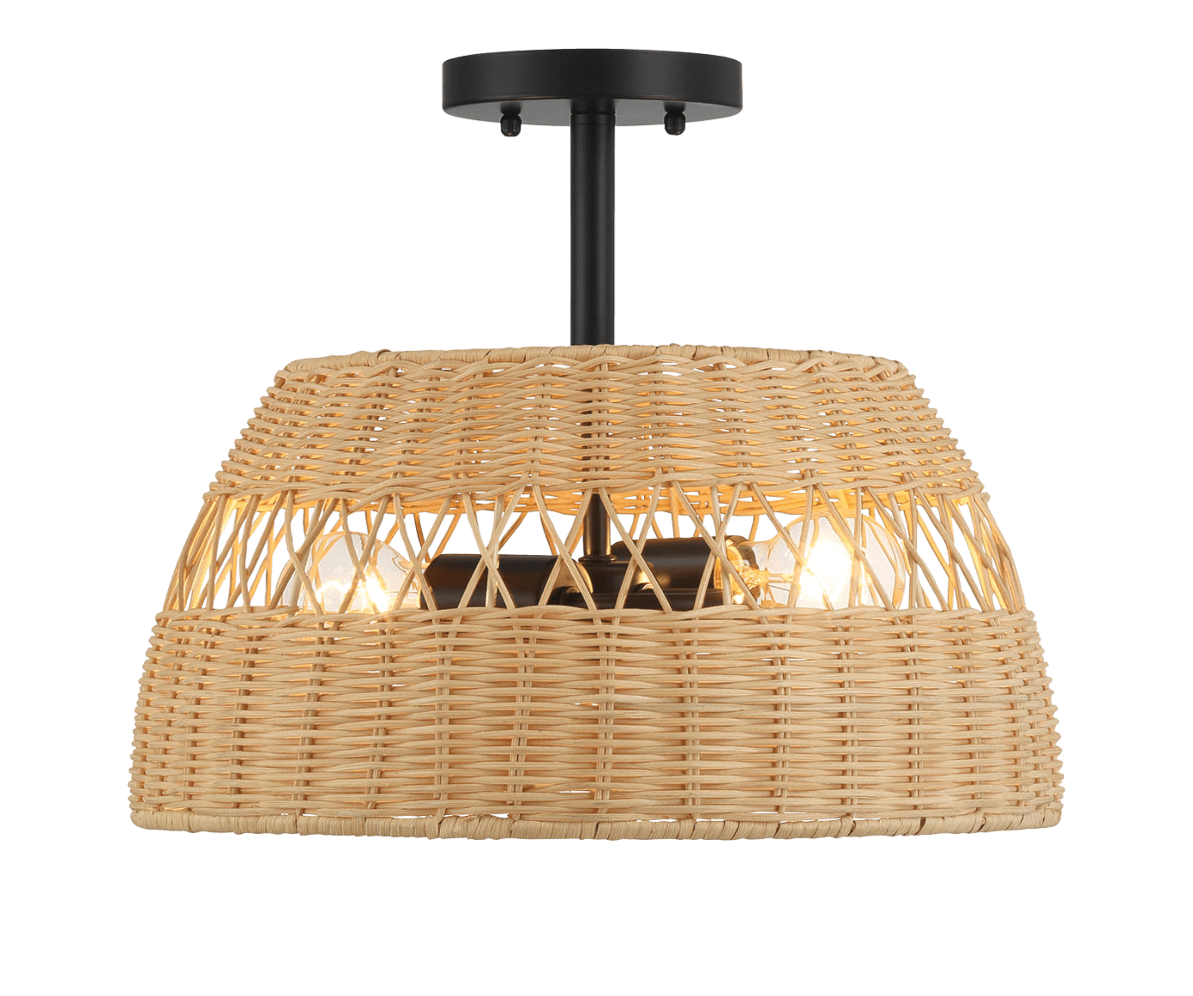 Twinkle Double Lights Semi Flush With Rattan Shade Black Metal Finish for Farmhouse Style.