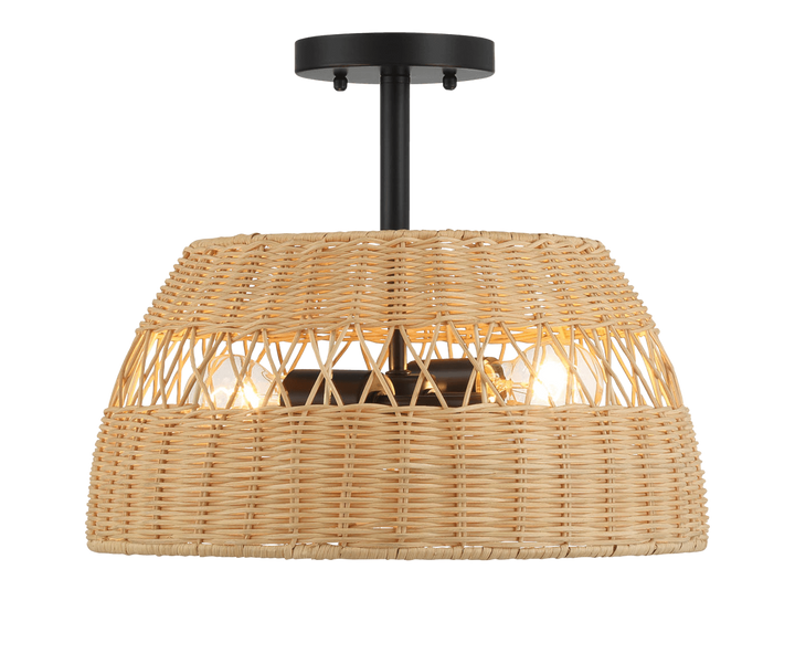 Twinkle Double Lights Semi Flush With Rattan Shade Black Metal Finish for Farmhouse Style.