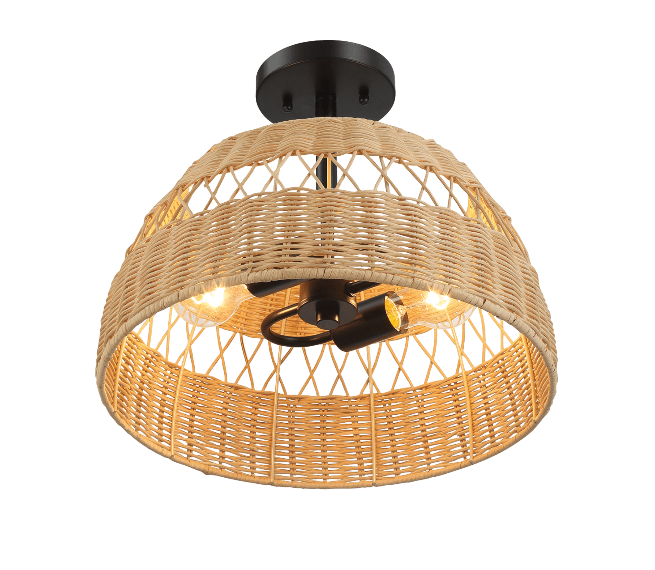 Twinkle Double Lights Semi Flush With Rattan Shade Black Metal Finish for Farmhouse Style.