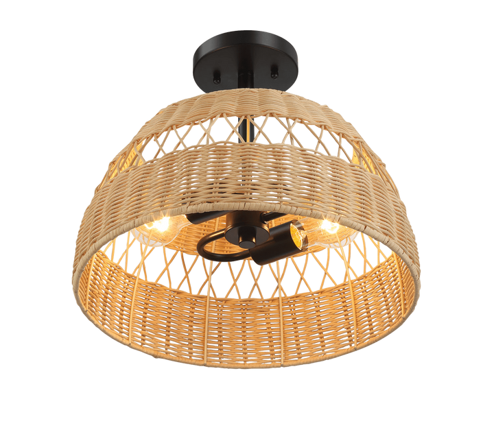 Twinkle Double Lights Semi Flush With Rattan Shade Black Metal Finish for Farmhouse Style.