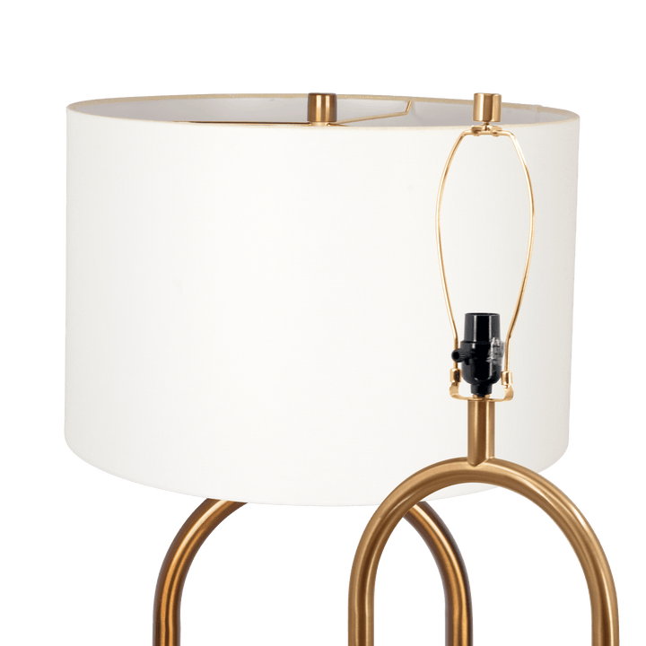 Vivid Brass Ring Base Floor Lamp with Large White Drum Shade.