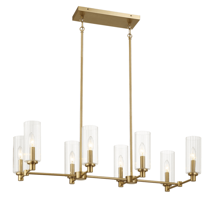 Willow Eight Lights Island With Clear Ribbed Glass Pendant Lamp - Satin Brass.