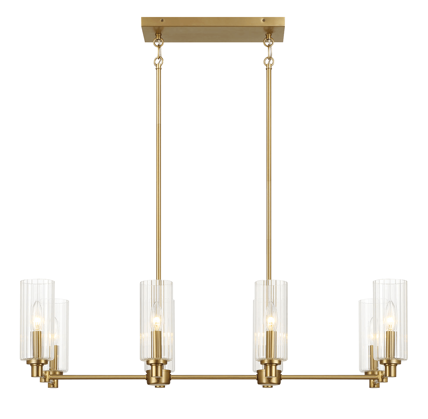 Willow Eight Lights Island With Clear Ribbed Glass Pendant Lamp - Satin Brass.