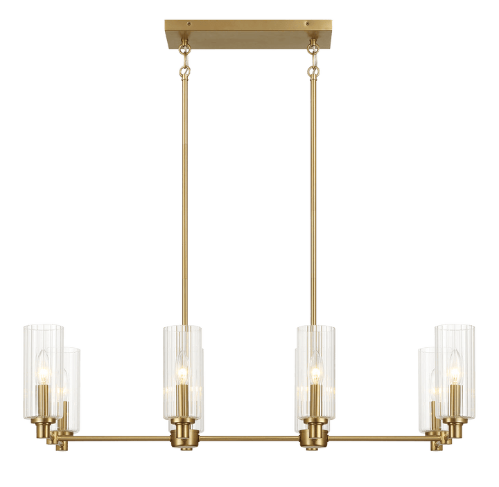 Willow Eight Lights Island With Clear Ribbed Glass Pendant Lamp - Satin Brass.