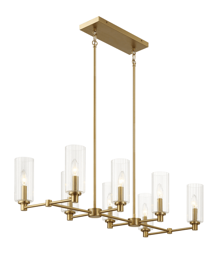 Willow Eight Lights Island With Clear Ribbed Glass Pendant Lamp - Satin Brass.