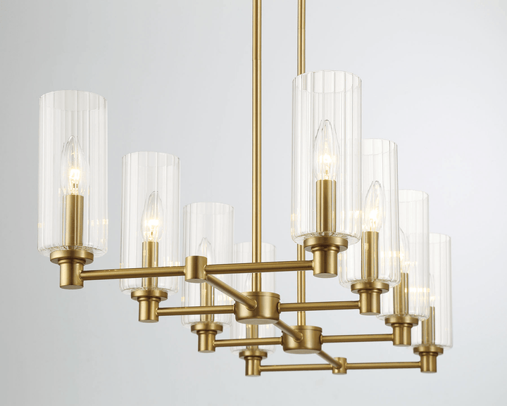 Willow Eight Lights Island With Clear Ribbed Glass Pendant Lamp - Satin Brass.